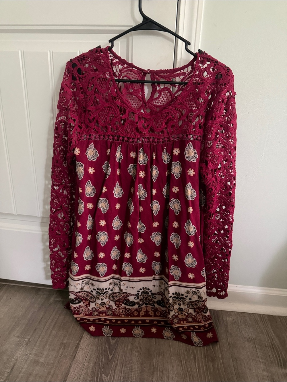 Crochet Yoke Boho Tunic Dress in Deep Berry